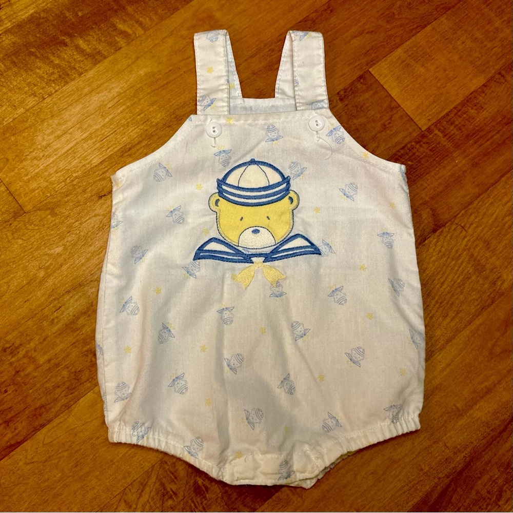 Vintage Sailor Bear Kids Romper - White and Blue